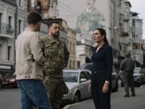 Лора Лумер розмовляє з Андрієм Білецьким на вулиці Харкова